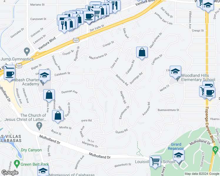 map of restaurants, bars, coffee shops, grocery stores, and more near 4846 Calderon Road in Los Angeles