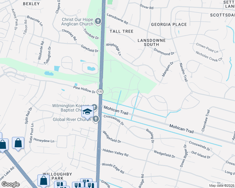 map of restaurants, bars, coffee shops, grocery stores, and more near 718 Mohican Trail in Wilmington