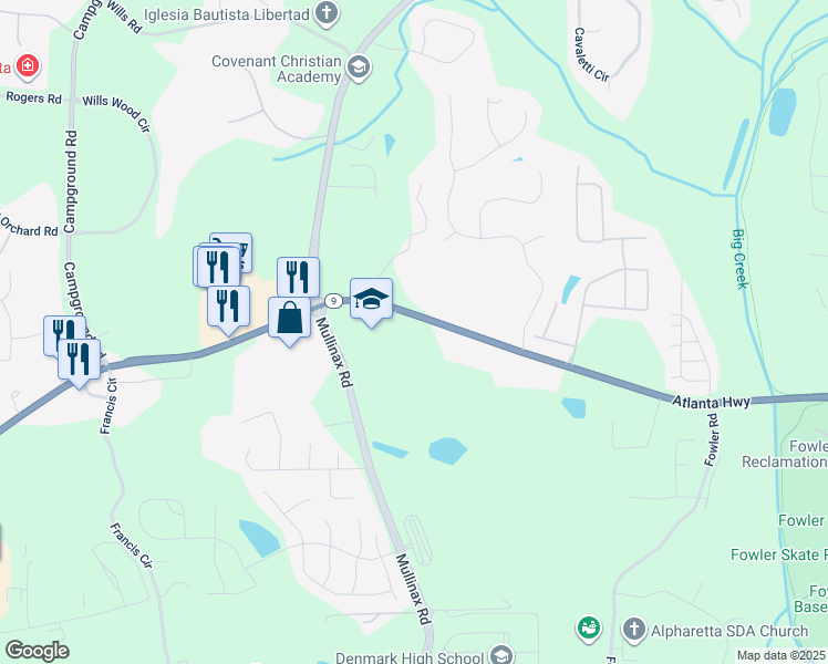 map of restaurants, bars, coffee shops, grocery stores, and more near 4715 Atlanta Highway in Alpharetta