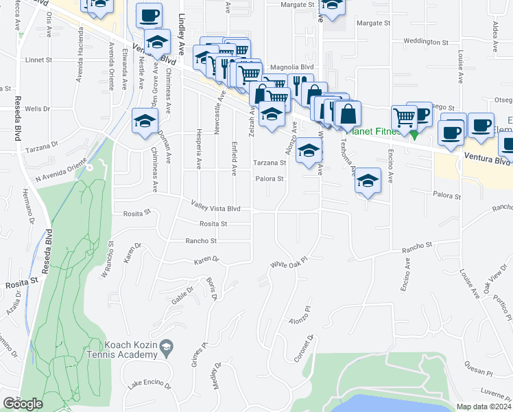 map of restaurants, bars, coffee shops, grocery stores, and more near 17917 Valley Vista Boulevard in Los Angeles