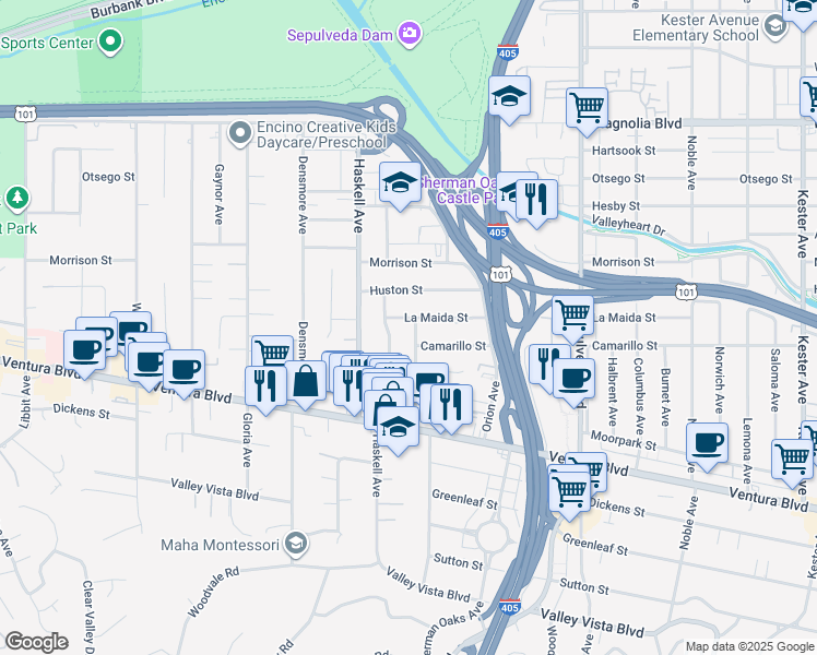 map of restaurants, bars, coffee shops, grocery stores, and more near 4777 Firmament Avenue in Los Angeles