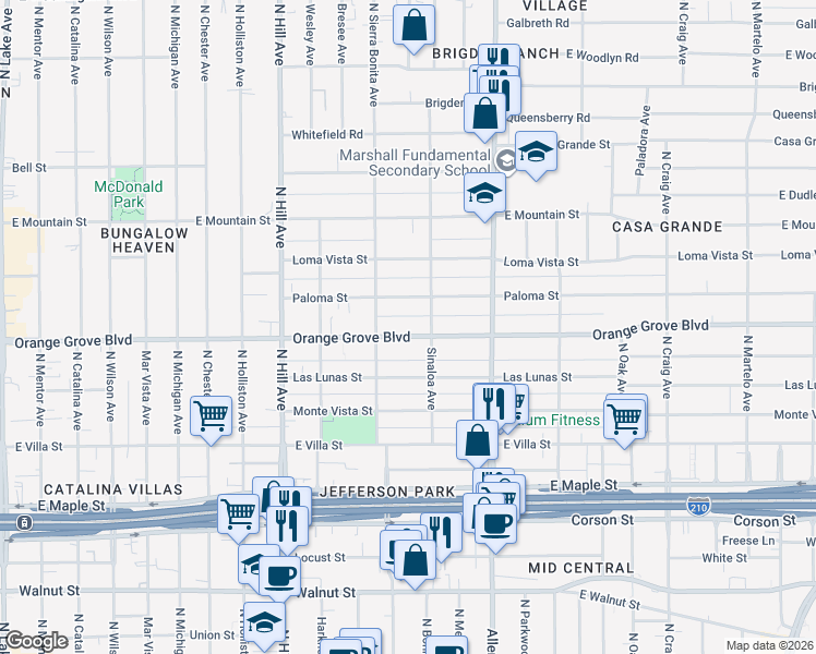 map of restaurants, bars, coffee shops, grocery stores, and more near 1641 East Orange Grove Boulevard in Pasadena