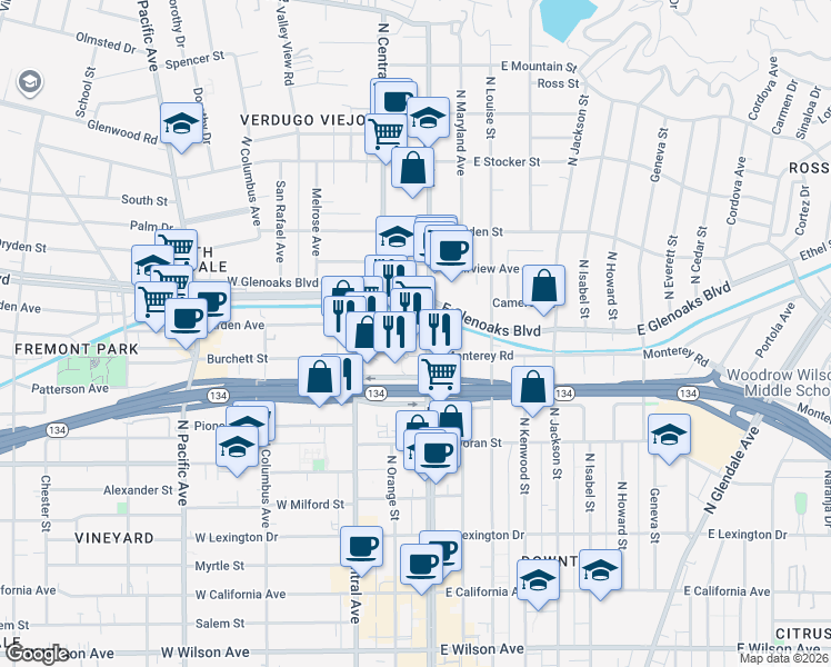 map of restaurants, bars, coffee shops, grocery stores, and more near 801 North Brand Boulevard in Glendale