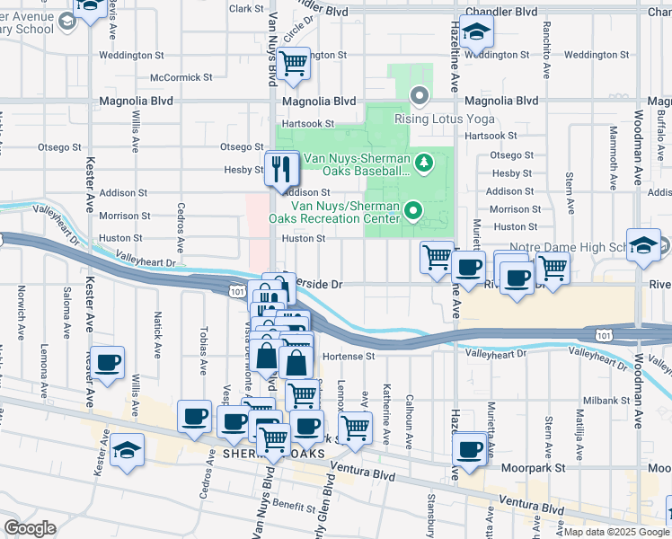 map of restaurants, bars, coffee shops, grocery stores, and more near 4817 Lennox Avenue in Los Angeles