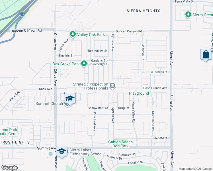 map of restaurants, bars, coffee shops, grocery stores, and more near 16463 Lantana Street in Fontana