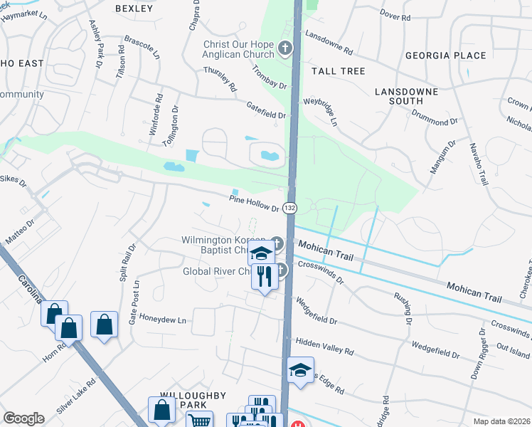 map of restaurants, bars, coffee shops, grocery stores, and more near 4628 Pine Hollow Drive in Wilmington