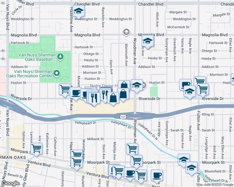 map of restaurants, bars, coffee shops, grocery stores, and more near 4819 Matilija Avenue in Los Angeles