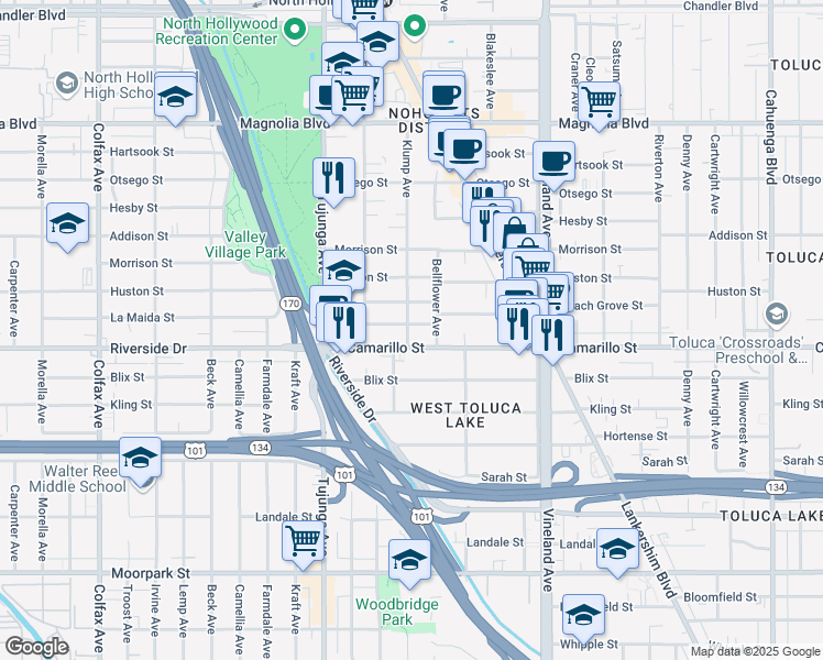 map of restaurants, bars, coffee shops, grocery stores, and more near 11226 La Maida Street in Los Angeles