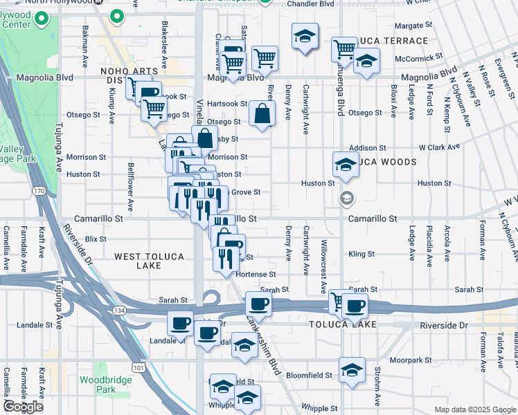 map of restaurants, bars, coffee shops, grocery stores, and more near 4818 Satsuma Avenue in Los Angeles