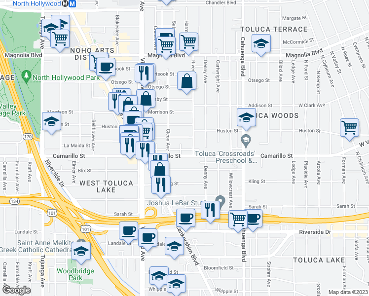 map of restaurants, bars, coffee shops, grocery stores, and more near 4818 Satsuma Avenue in Los Angeles