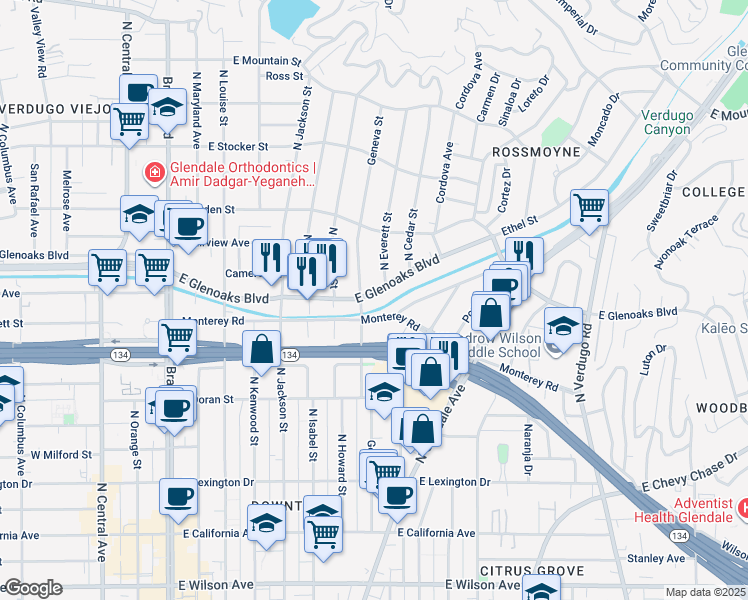 map of restaurants, bars, coffee shops, grocery stores, and more near 808 East Glenoaks Boulevard in Glendale