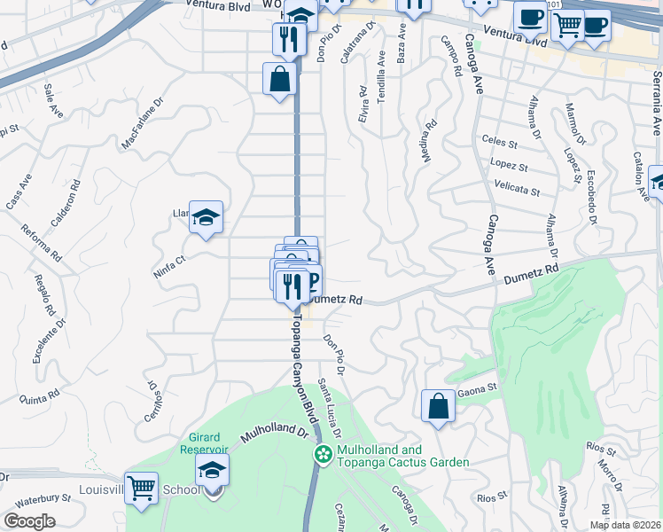 map of restaurants, bars, coffee shops, grocery stores, and more near 4944 Don Pio Drive in Los Angeles