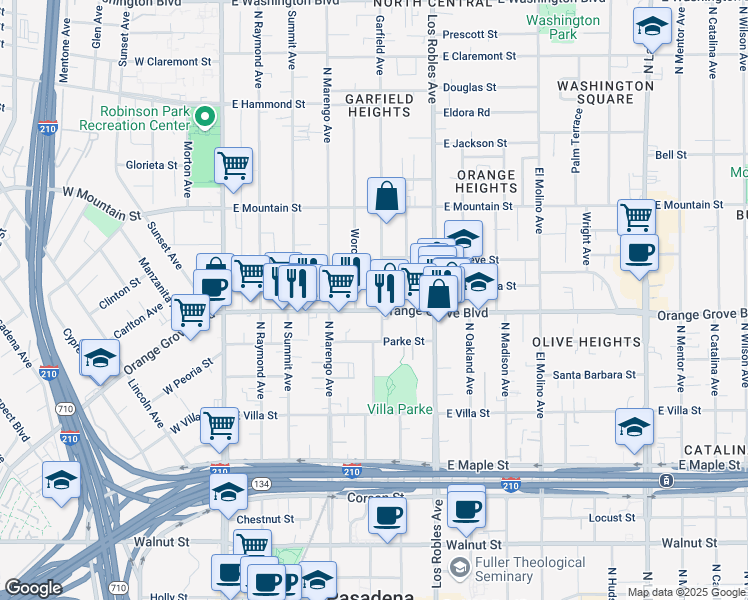 map of restaurants, bars, coffee shops, grocery stores, and more near 721 Garfield Avenue in Pasadena