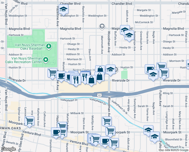 map of restaurants, bars, coffee shops, grocery stores, and more near 4819 Matilija Avenue in Los Angeles