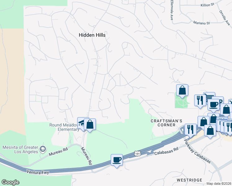 map of restaurants, bars, coffee shops, grocery stores, and more near 5302 Scott Robertson Road in Hidden Hills
