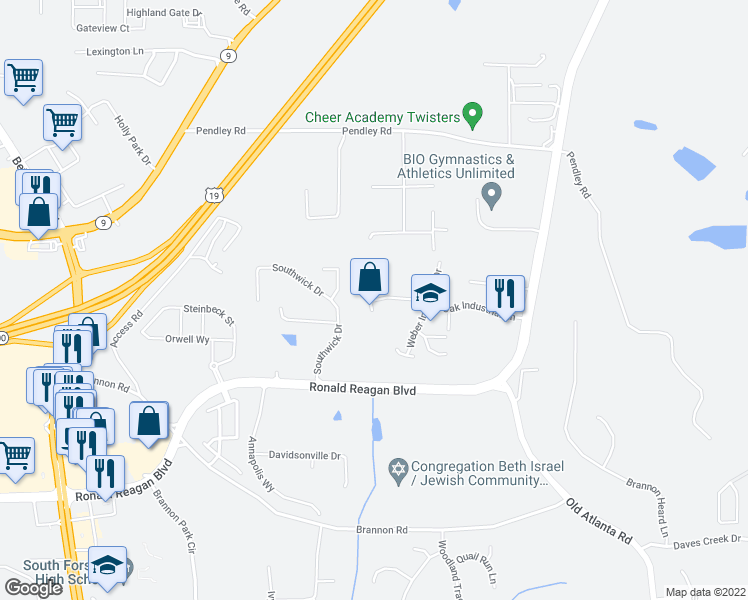 map of restaurants, bars, coffee shops, grocery stores, and more near 1495 Oak Industrial Lane in Cumming