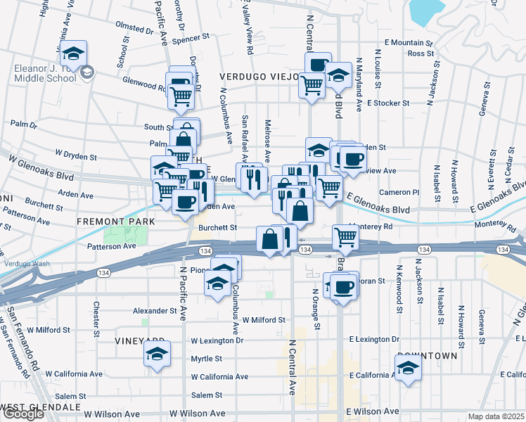 map of restaurants, bars, coffee shops, grocery stores, and more near 345 Burchett Street in Glendale