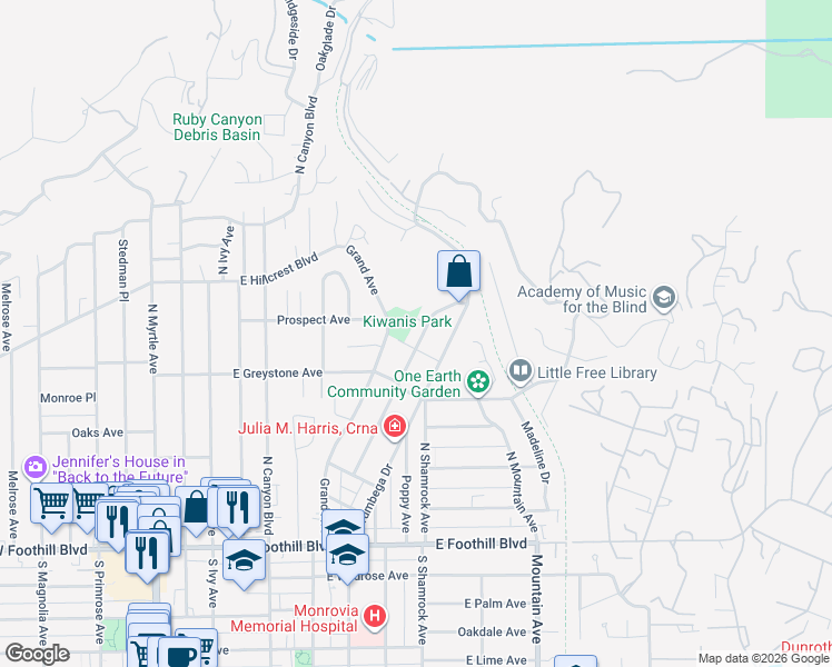 map of restaurants, bars, coffee shops, grocery stores, and more near 337 Valle Vista Avenue in Monrovia