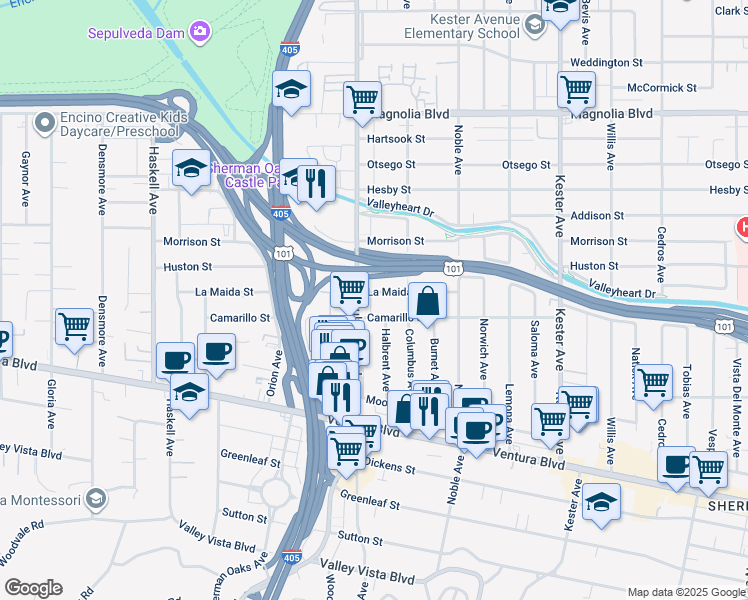 map of restaurants, bars, coffee shops, grocery stores, and more near 15242 La Maida Street in Los Angeles