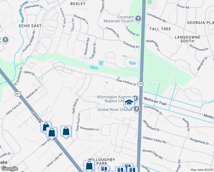 map of restaurants, bars, coffee shops, grocery stores, and more near 4622 Song Sparrow Court in Wilmington