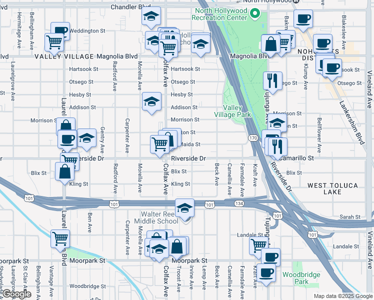 map of restaurants, bars, coffee shops, grocery stores, and more near 11612 La Maida Street in Los Angeles