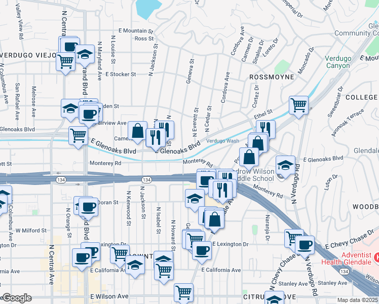 map of restaurants, bars, coffee shops, grocery stores, and more near 808 East Glenoaks Boulevard in Glendale