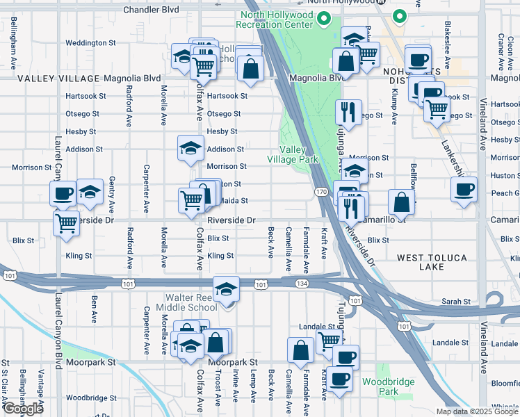 map of restaurants, bars, coffee shops, grocery stores, and more near 11554 La Maida Street in Los Angeles