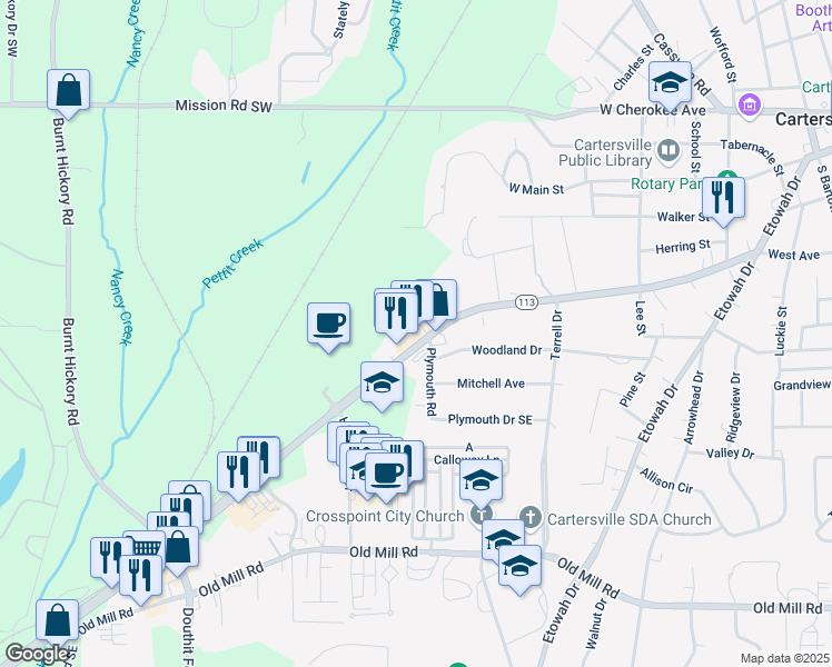 map of restaurants, bars, coffee shops, grocery stores, and more near 801 West Avenue in Cartersville