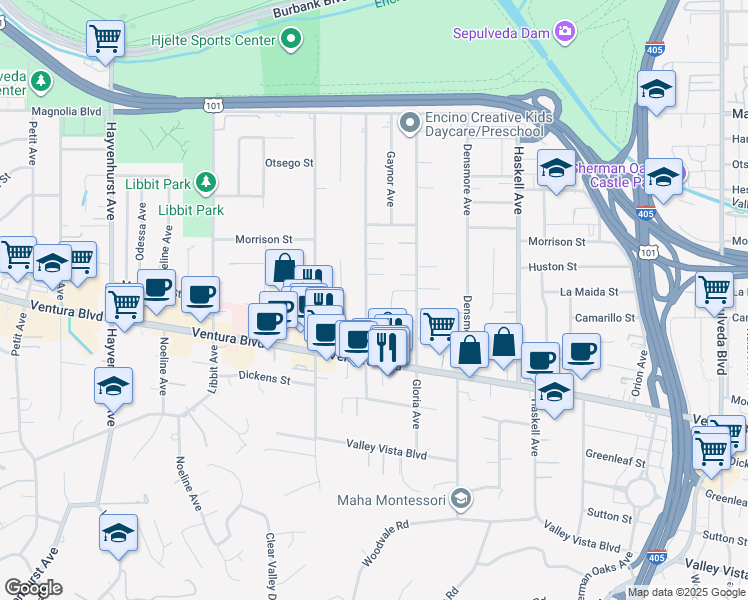 map of restaurants, bars, coffee shops, grocery stores, and more near 4846 Gaviota Avenue in Los Angeles