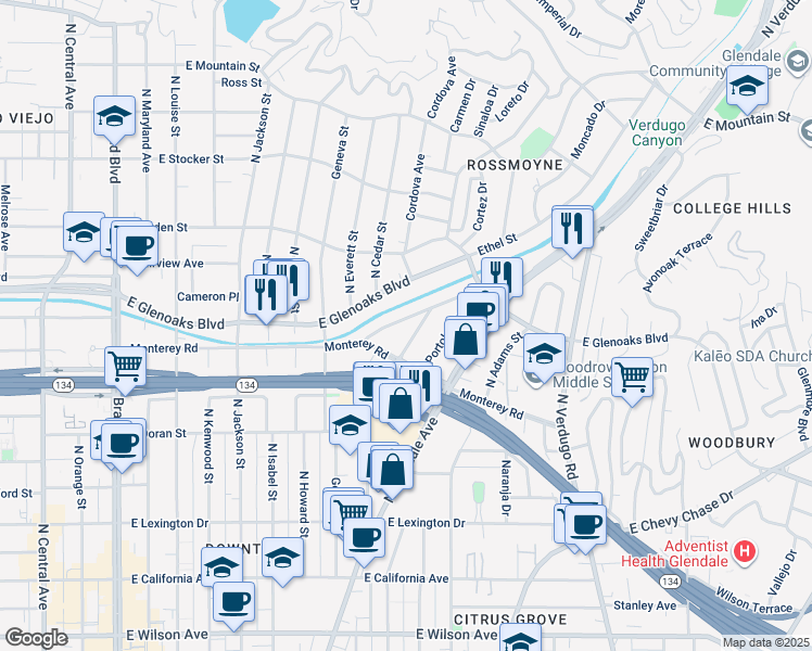 map of restaurants, bars, coffee shops, grocery stores, and more near 920 Coronado Drive in Glendale