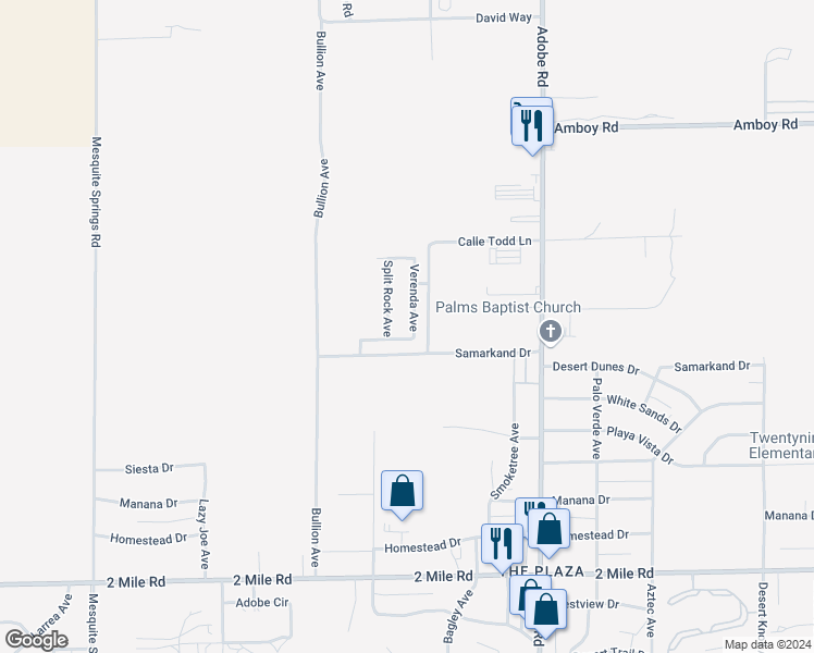 map of restaurants, bars, coffee shops, grocery stores, and more near 5254 Verenda Avenue in Twentynine Palms