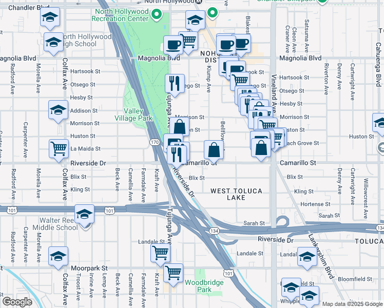 map of restaurants, bars, coffee shops, grocery stores, and more near 11273 Camarillo Street in Los Angeles