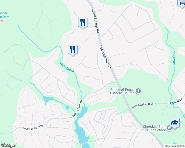 map of restaurants, bars, coffee shops, grocery stores, and more near 6528 Boulder Crest Ct in Flowery Branch