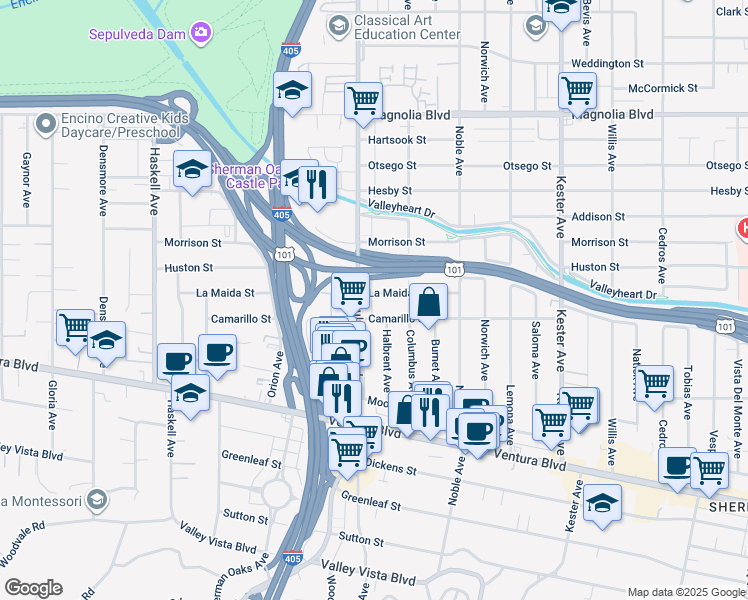 map of restaurants, bars, coffee shops, grocery stores, and more near 15242 La Maida Street in Los Angeles