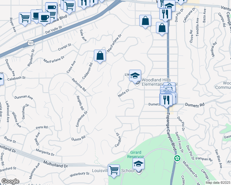 map of restaurants, bars, coffee shops, grocery stores, and more near 4969 Llano Drive in Los Angeles