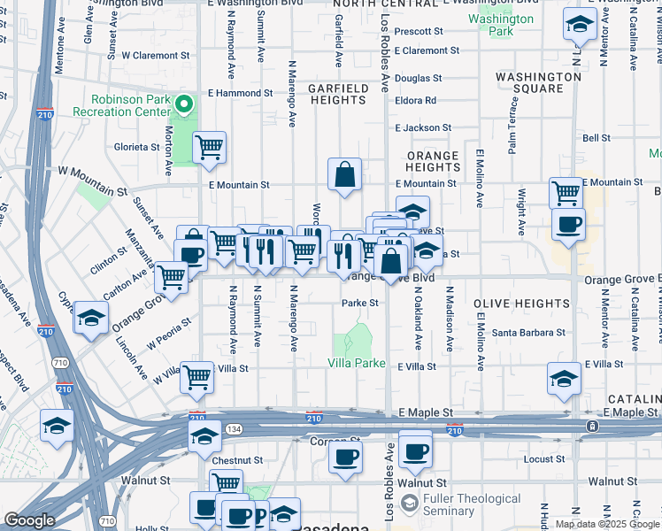 map of restaurants, bars, coffee shops, grocery stores, and more near 289 East Orange Grove Boulevard in Pasadena
