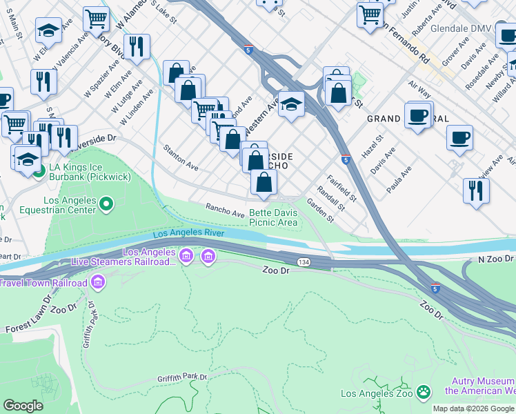 map of restaurants, bars, coffee shops, grocery stores, and more near 1542 Riverside Drive in Glendale