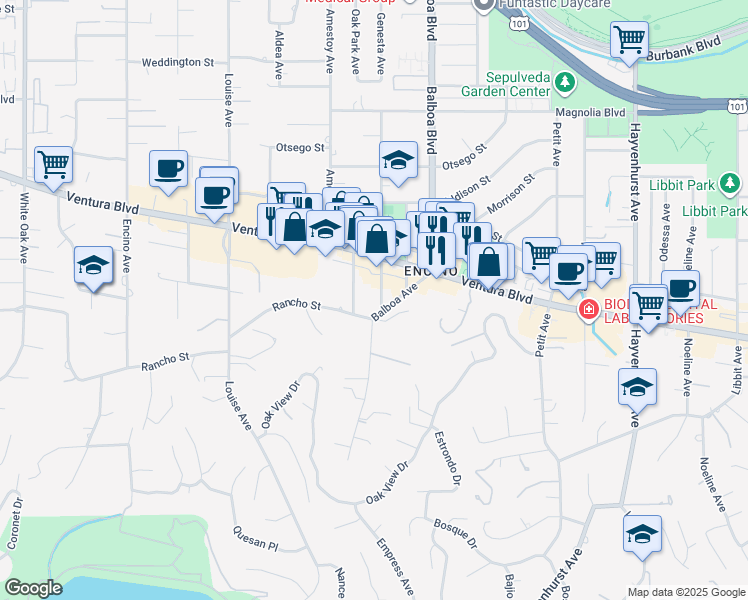map of restaurants, bars, coffee shops, grocery stores, and more near 4800 Genesta Avenue in Los Angeles