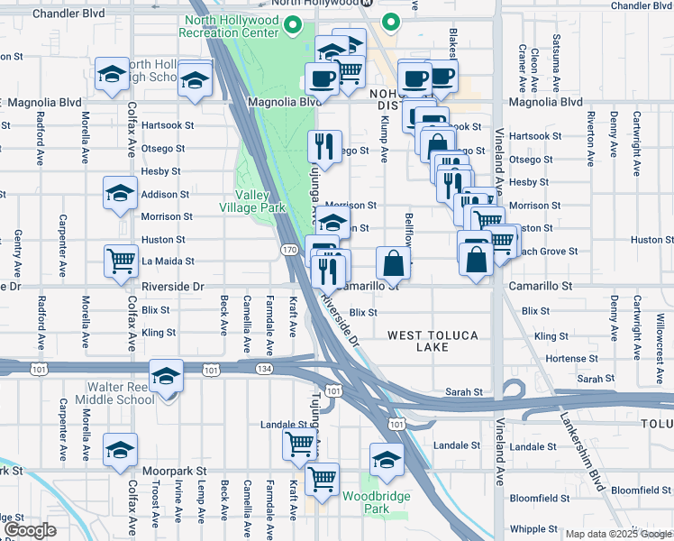 map of restaurants, bars, coffee shops, grocery stores, and more near 4821 Bakman Avenue in Los Angeles