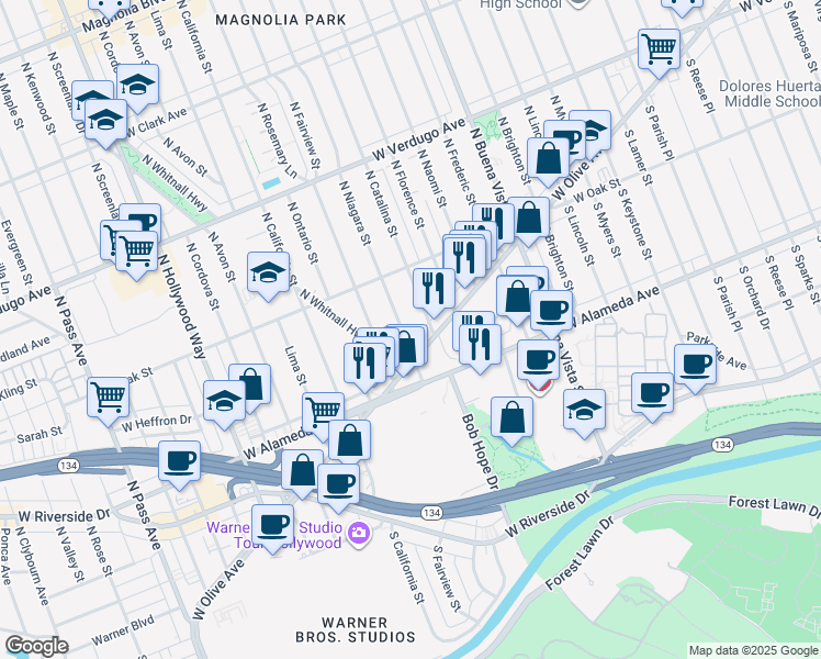 map of restaurants, bars, coffee shops, grocery stores, and more near 128 North Niagara Street in Burbank