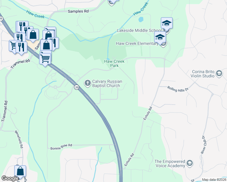 map of restaurants, bars, coffee shops, grocery stores, and more near 2445 Grandale Drive in Cumming