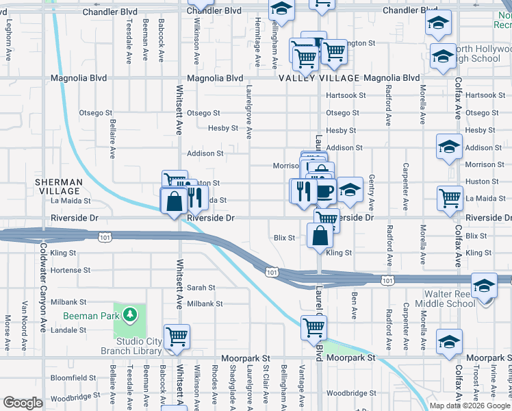 map of restaurants, bars, coffee shops, grocery stores, and more near 4809 Laurelgrove Avenue in Los Angeles