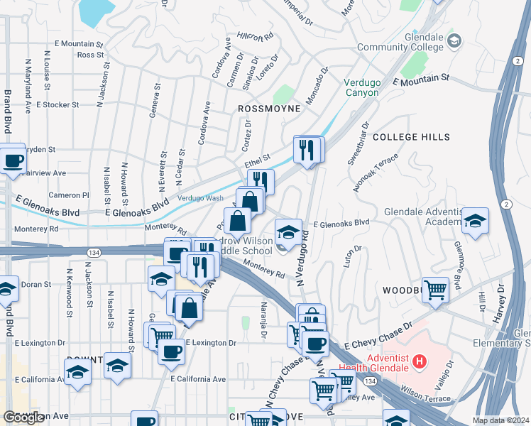 map of restaurants, bars, coffee shops, grocery stores, and more near 985 Verdugo Circle Drive in Glendale