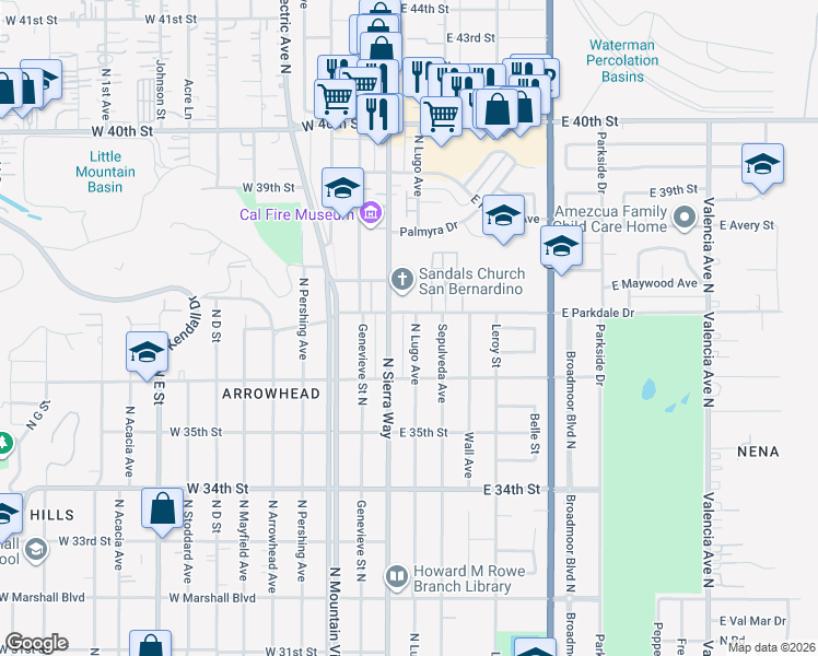 map of restaurants, bars, coffee shops, grocery stores, and more near 3680 North Lugo Avenue in San Bernardino