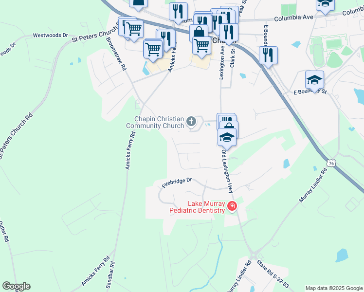 map of restaurants, bars, coffee shops, grocery stores, and more near 102 Merowey Court in Chapin