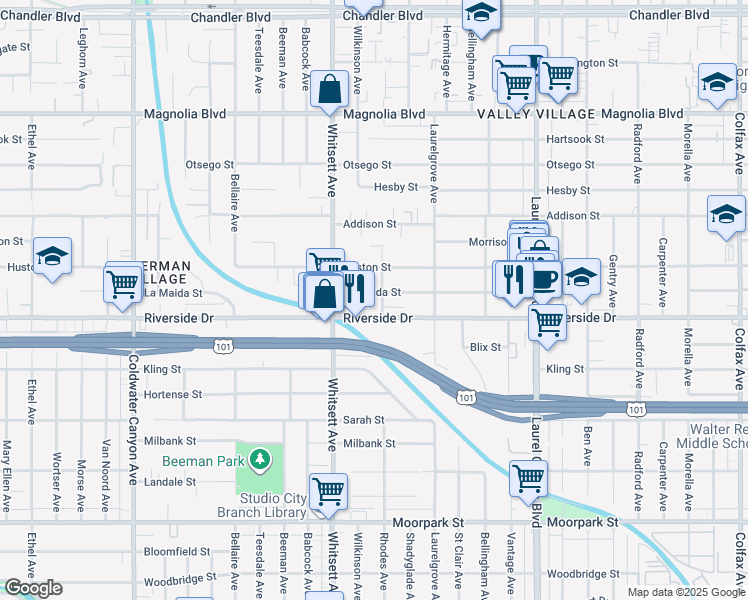 map of restaurants, bars, coffee shops, grocery stores, and more near 12421 Riverside Drive in Los Angeles