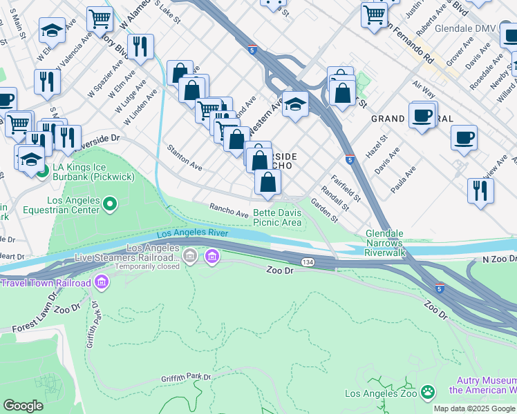 map of restaurants, bars, coffee shops, grocery stores, and more near in Glendale