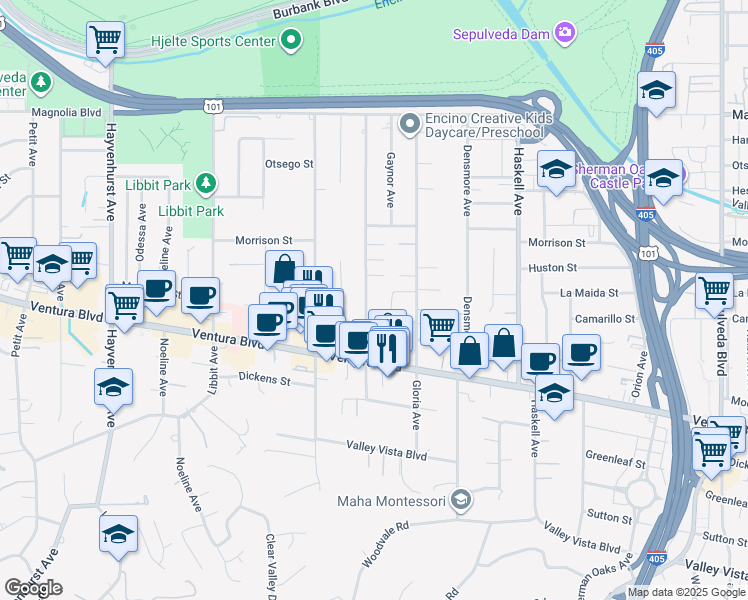 map of restaurants, bars, coffee shops, grocery stores, and more near 4846 Gaviota Avenue in Los Angeles