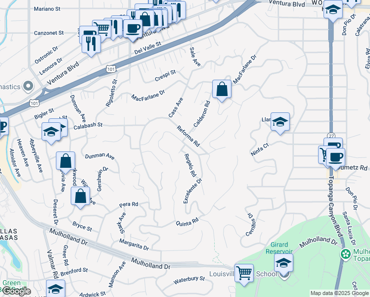 map of restaurants, bars, coffee shops, grocery stores, and more near 4883 Excelente Drive in Los Angeles