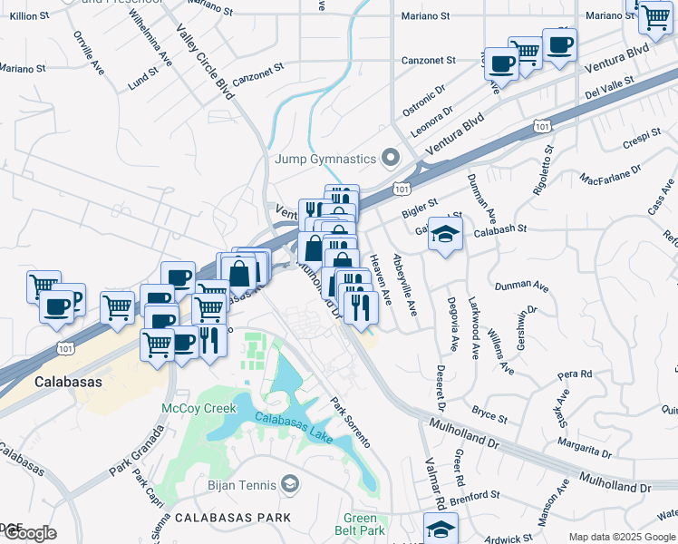 map of restaurants, bars, coffee shops, grocery stores, and more near 23357 Mulholland Drive in Los Angeles